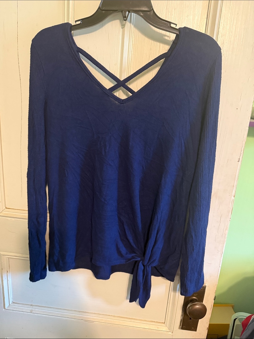 A. Byer Navy Blue Crisscross Tie-Front Long Sleeve Top
